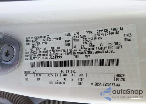 2022 Lincoln Corsair Grand Touring z USA, uszkodzony, nr VIN 5LMTJ5DZ2NUL02933